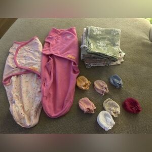 Carter's Pink and Multicolor Baby Swaddle and Mittens Set